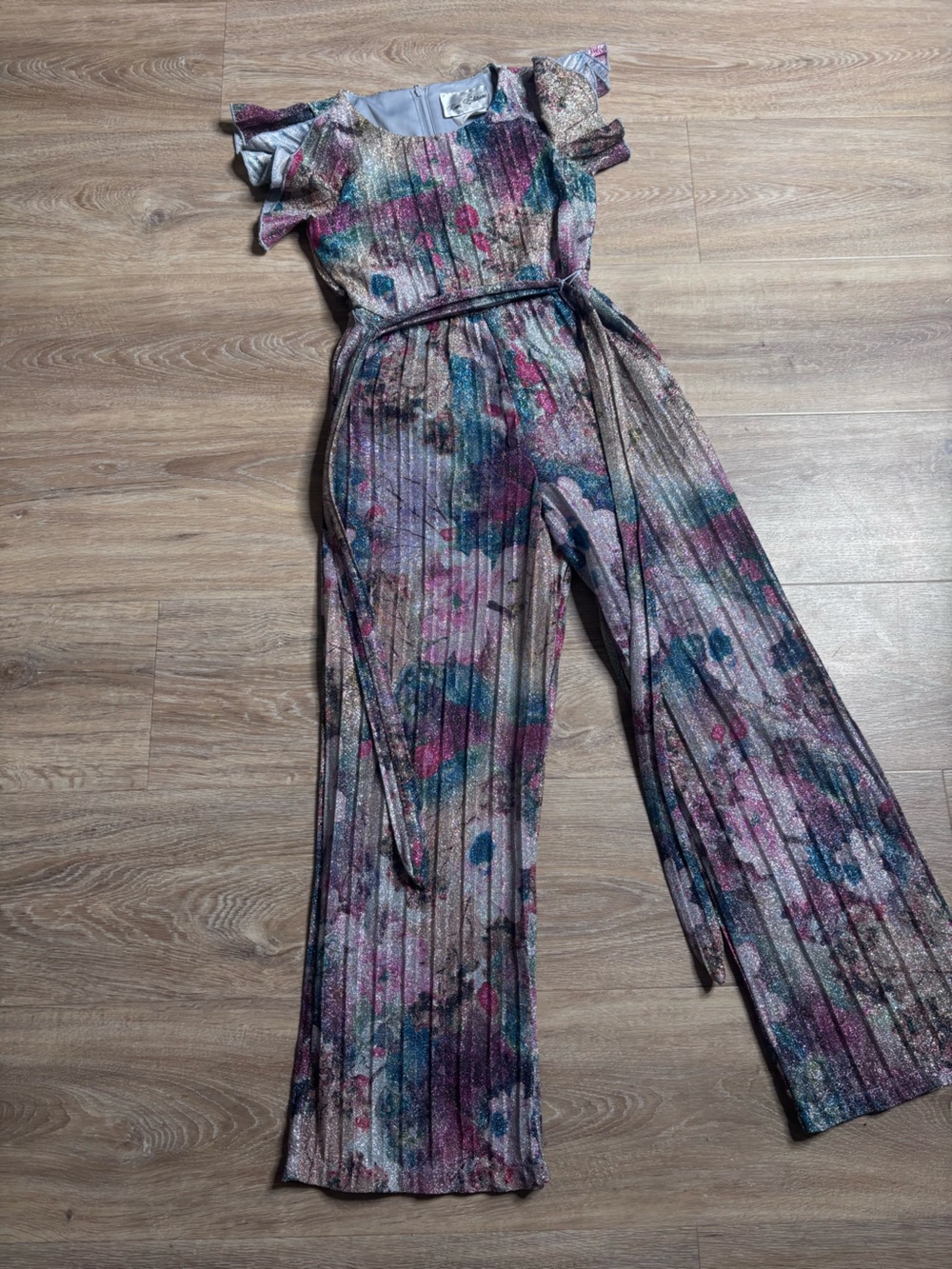 Rare Editions Metallic Floral Pleated Jumpsuit